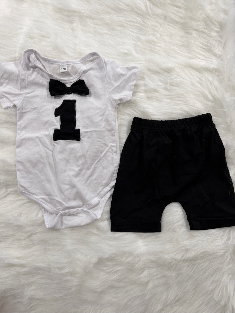 Baby 1st Birthday Bodysuit and Shorts Set in White and Black
